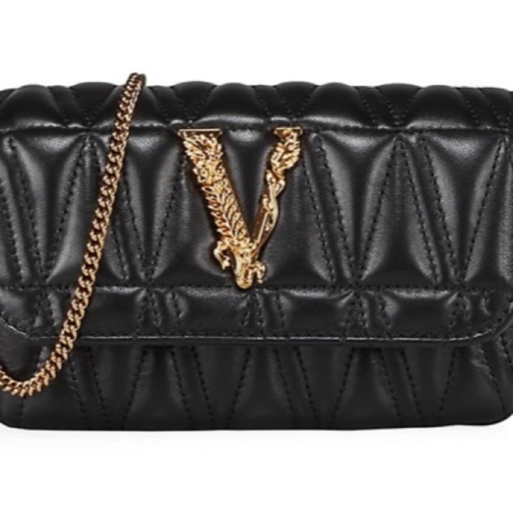 Versace Virtus Quilted Leather Shoulder Bag EUC black
